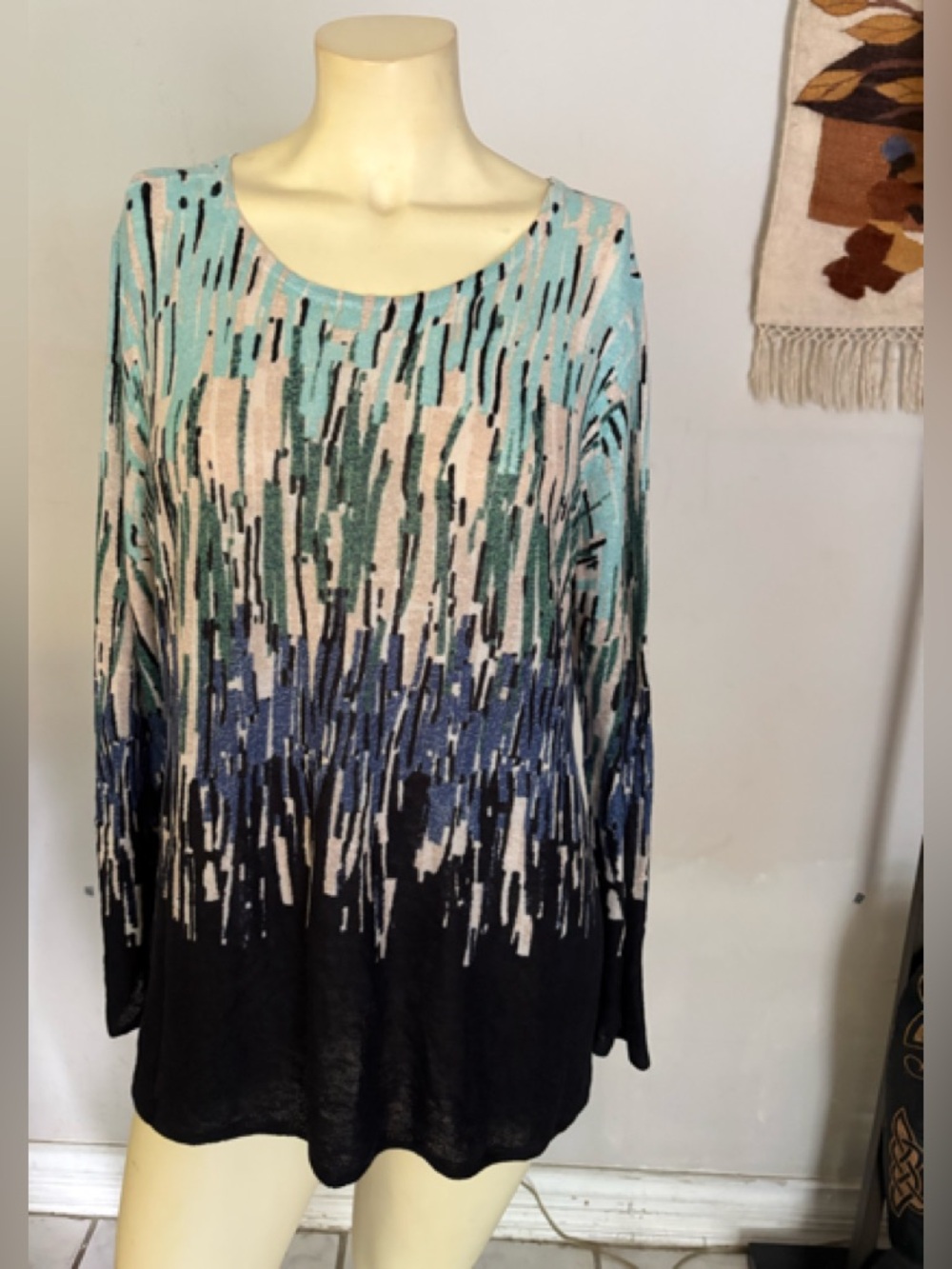 NIC+ZOE Abstract Ombre Pullover Sweater Aqua, Blue & Black Size L